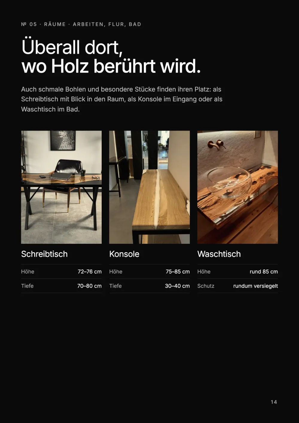 Lookbook Seite 14: № 05 · RÄUME · ARBEITEN, FLUR, BAD Überall dort, wo Holz berührt wird.