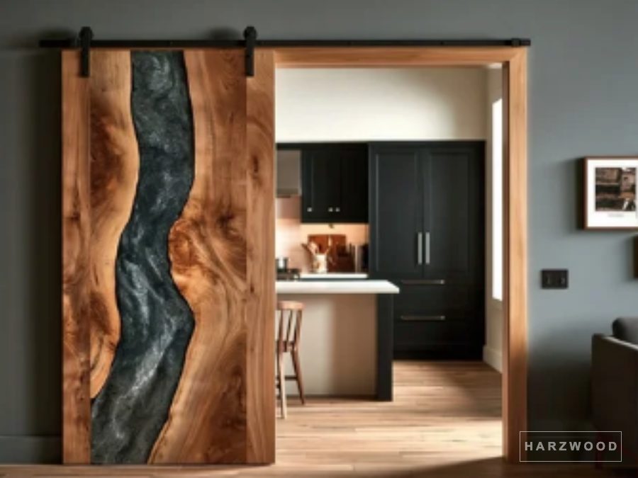 Schiebetür aus Holz mit dunklem Harzfluss vor einer Küche